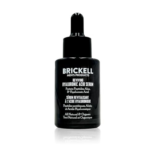 Brickell Men's Anti Aging Hyaluronic Acid Serum for Face, Reviving Day Serum for Men, Natural & Organic Vitamin C Face Serum With Protein Peptides to Restore Firmness and Collagen, 1 Ounce, Unscented