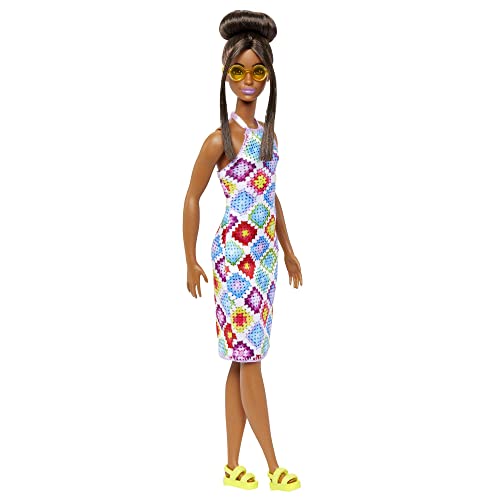 Barbie Fashionistas Doll #210 with Brunette Hair in Bun, Colorful Crochet Halter Dress, Sunglasses & Sandals