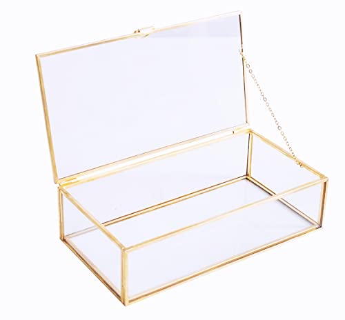 Utopz Golden Glass Jewelry Keepsake Box Home Decor Display Vintage Glass Jewelry Organizer, Decorative Accent, Brass & Clear Glass, 8x4.5x2.36 in