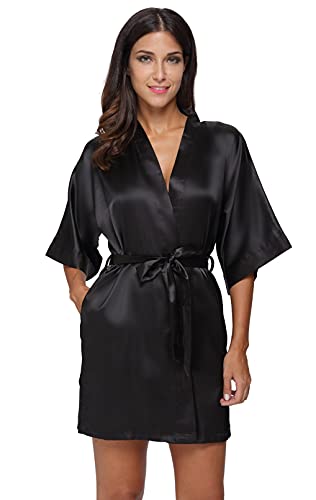 The Bund Women's Pure Colour Short Kimono Robes with Oblique V-Neck, Medium, Black