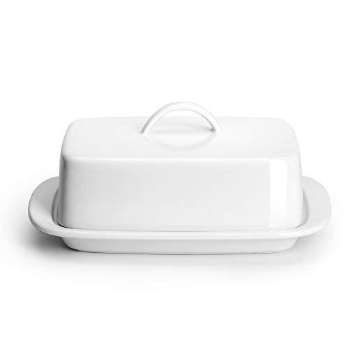 Sweese Large Butter Dish with Lid for Countertop, Porcelain 8oz Butter Keeper with Handle Cover Design, 7.7 Inch Butter Container Perfect for East/West Coast Butter, White