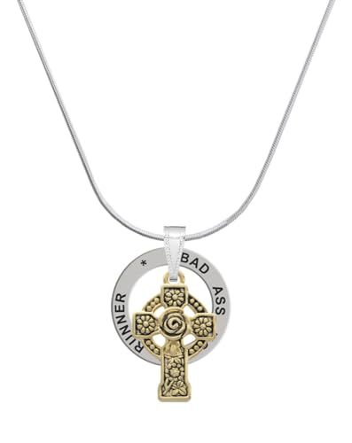 Delight Jewelry Goldtone Large Celtic Cross - Silvertone Bad Mother Runner Message Ring Necklace, 18'