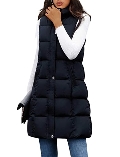 Tanming Women's Long Puffer Vest Cotton Sleeveless Puffy Jacket with Removable Hood (Black-XL)