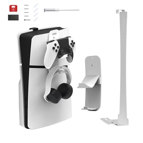 OFOCASE Wall Mount for PS5 Slim Console, Sturdy Steel Vertical Wall Mount Bracket Kit with Controller Holder & Headphone Storage Hanger Compatible with 2023 PS5 Slim Disc and Digital Edition (White)