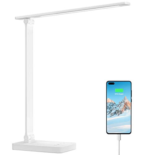 Lepro LED Desk Lamp with USB Charging Port Dimmable Home Office Touch Control Reading Table Lamp,3 Color Modes with 5 Brightness Level, School Dorm Room Essentials, Task Lamp, Sewing, Crafting, White