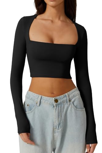 QINSEN Women's Sexy Square Neck Crop Top Long Sleeve Slim Fit Cropped T Shirts Black S