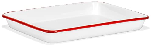 Red Co. 11' x 9' Enamelware Metal Classic 2 Quart Rectangular Serving Tray, Solid White/Red Rim