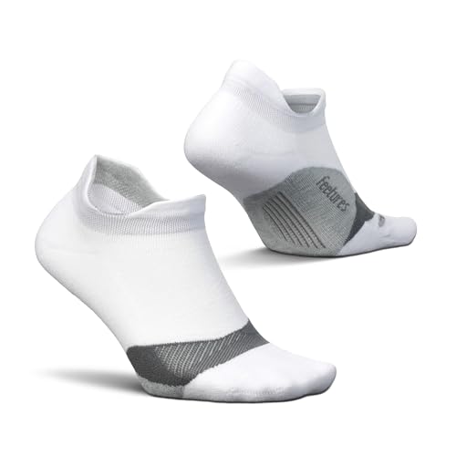 Feetures Elite Light Cushion No Show Tab Ankle Socks - Sport Sock with Targeted Compression - New White, M (1 Pair)