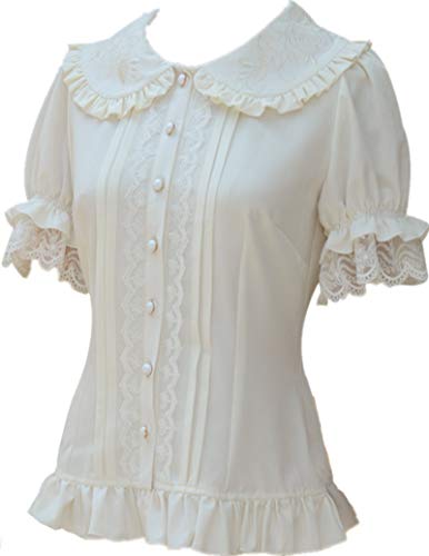 TanQiang Women's Sweet Lolita Shirt Short Puff Sleeve Flower Embroidered Peter Pan Collar White Ruffle Blouse