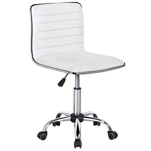 Yaheetech Adjustable Task Chair PU Leather Low Back Ribbed Armless Swivel White Desk Chair Office Chair Wheels (Renewed)