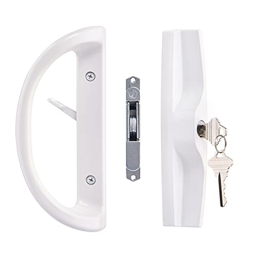 Sliding Patio Door Handle Set with Key Cylinder and Mortise Lock, Full Replacement Handle Lock Set Fits Door Thickness from 1-1/2' to 1-3/4', 3-15/16” Screw Hole Spacing, Reversible Design(Non-Handed)