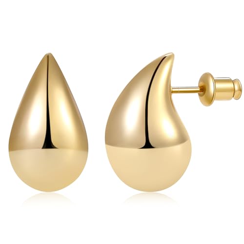 Gacimy Gold Teardrop Earrings Dupes for Women, Chunky Gold Earrings for Women with 925 Sterling Silver Post, 14K Gold Tear Drop Earrings for Women, 0.7 Inches Gold
