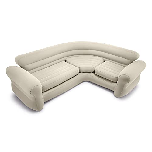 Intex Inflatable 2 in 1 Inflating and Deflating Valve Corner Living Room Air Mattress Sectional Sofa Couch for Living Room or Dorm Room, Beige