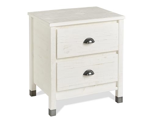 Baja Night Stand / 2 Drawer / Solid Wood / Rustic Bedside Table for Bedroom, Living Room, Sofa Couch, Hall / Metal Drawer Pulls, Shabby White
