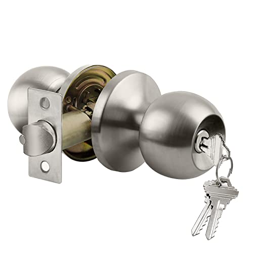 BESTTEN Keyed Entry Door Knob with Lock, Interior and Exterior Door Lock, Standard Ball, Satin Nickel