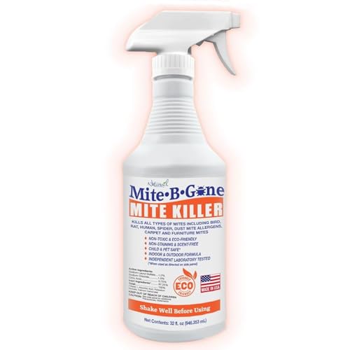 Mite Killer Spray by Mite-B-Gone Treatment — Kills Human Mites, Dust, Spider, Rat, Carpet & Bird Mites in Homes, Furniture, Bedding, Auto & On Animals | Non-Toxic | Kid & Pet Safe | 32oz Spray