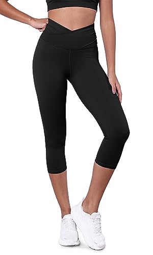 ODODOS Women's Cross Waist Yoga Capris with Inner Pocket, Inseam 21' Gathered Crossover Workout Cropped Yoga Pants, Black, Large
