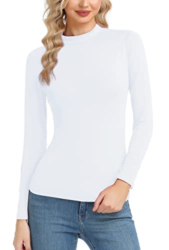 Women's Basic Long Sleeve Thermal Top Lightweight Mock Neck Shirts Slim Fit Layer Soft Top White XX-Large