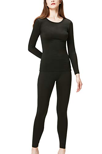 DEVOPS Women's Thermal Underwear Long Johns Top & Bottom Set (Large, Black)