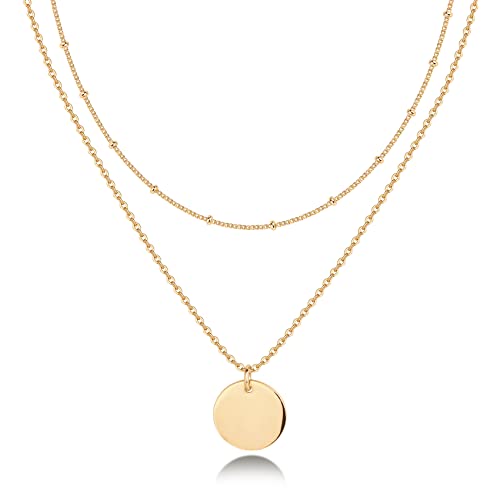 PAVOI 14K Gold Plated Layered Coin Pendant Necklace | Layering Necklaces for Women | Dainty Minimalist Design Pendant (Coin, Yellow Plated)