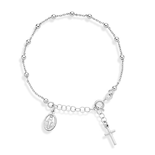 Miabella 925 Sterling Silver Italian Rosary Cross Bead Charm Link Chain Bracelet for Women Teen Girls, Adjustable, Made in Italy (Length 7 to 8 Inch)