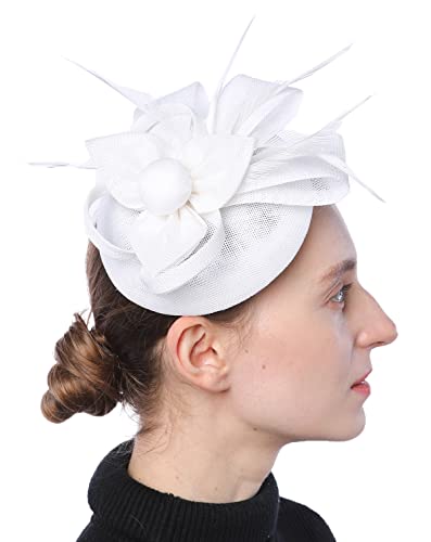 Biruil Fascinators Hat for Women Girls Sinamay Flower Feathers Tea Party Cocktail Headband Hair Clip (B White)