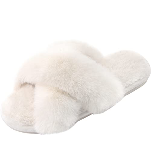 Parlovable Women's Cross Band Slippers Fuzzy Soft House Slippers Plush Furry Warm Cozy Open Toe Fluffy Home Shoes Comfy Indoor Outdoor Slip On Breathable Off-White 7-8