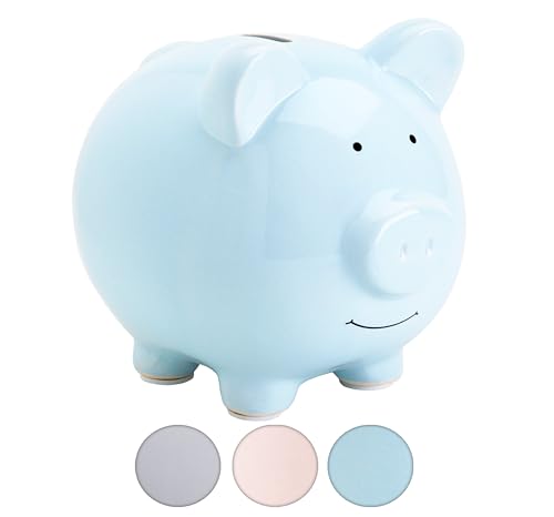 Pearhead Large Ceramic Piggy Bank, Newborn Nursery Decor, Baby Boy Gift, Savings Toy Bank for Kids, Light Blue