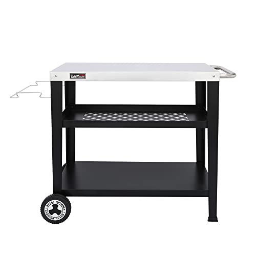 Royal Gourmet PC3404S Rolling Dining Table with Trash Bag Holder, Outdoor Garden Patio BBQ Kitchen Food Prep Table Cart, 34'L x 20'W Stainless Steel Tabletop, Silver & Black