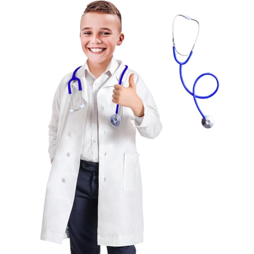 BOMLY Lab Coat for Kids - White Doctor Coat with Stethoscope Toys - Kids Vet Coat, Doctor Dress Up Costume for Toddler Boys Girls (White Lab Coat, Kids-XL (Height: 55-59Inch))