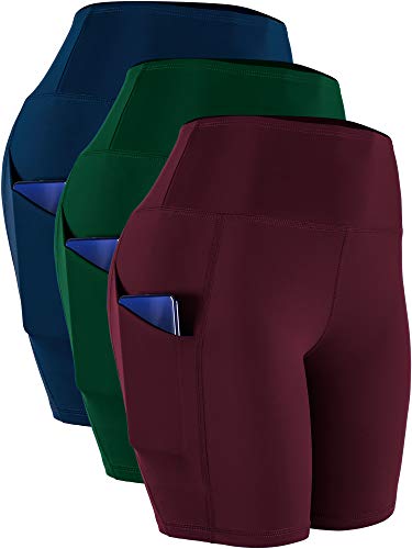 CADMUS Women's High Waist Spandex Yoga Shorts for Bike Running Two Side Pockets,10,Navy Blue,Dark Green,Wine Red,Large
