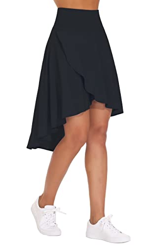 THE GYM PEOPLE Women's High Waist Wrap Ruffle Hem Asymmetric Skort High Low Flowy Midi Skirt with Shorts Black