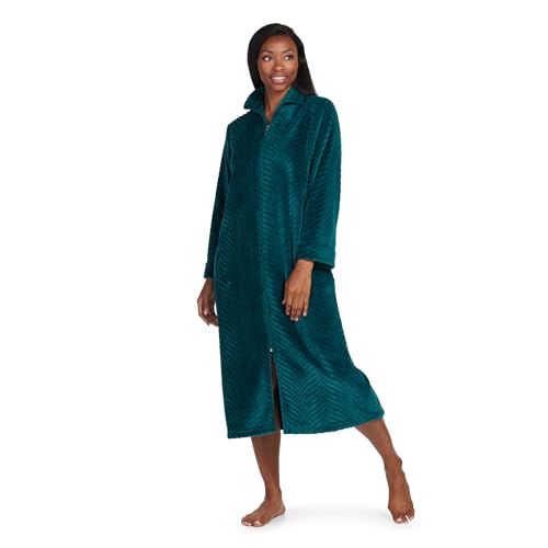 Miss Elaine Women's Long Fleece Robe, Long Sleeves and Zipper Front Closure, Collared Neck with Side Pockets, Women's Sleepwear (1X, Emerald)