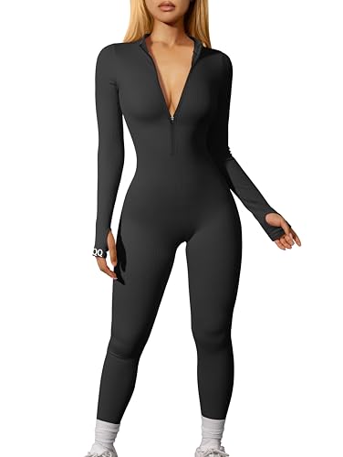 OQQ Women Yoga Jumpsuits Workout Ribbed Long Sleeve Zip Front Sport Jumpsuits Black
