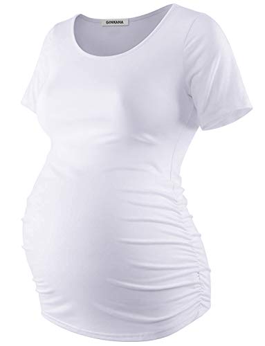 GINKANA Short Sleeve Maternity Tops Shirts White Ruched Sides Casual Mama Pregnancy Blouses Clothes