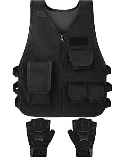 SATINIOR Kids Tactical Vest Army Combat Vest Outdoor with Half Finger Fingerless Short Gloves Breathable(Basic Style)