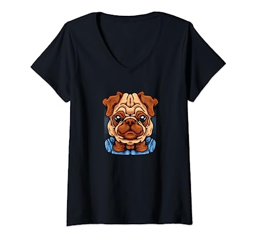 Womens Pug with a Bow Tie Cutest Pet Domestic Dog Animal Kingdom V-Neck T-Shirt