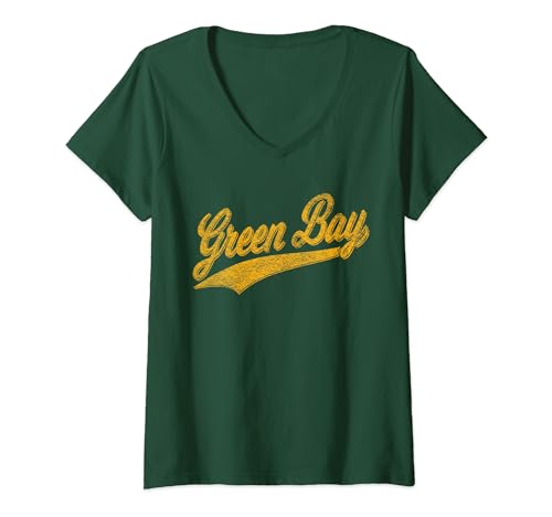 Womens GREEN BAY WISCONSIN VINTAGE SPORTS SCRIPT JERSEY STATE FLAG V-Neck T-Shirt