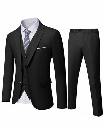 YND Men's Slim Fit 2 Button 3 Piece Suit Set, Blazer Jacket Vest Pants and Tie, Solid Wedding Dress Tux and Trousers Black