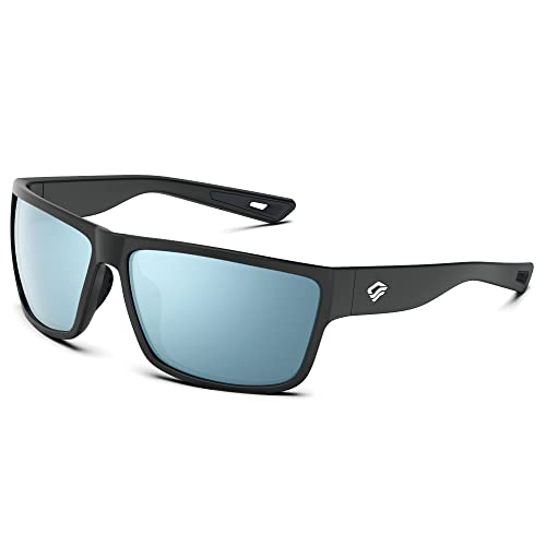 TOREGE Polarized Sunglasses for Men Mirrored Sunglasses Women Trendy UV Protection for Sports Floating Running Fishing (Matte Black Frame & Smoky Silver Mirrored REVO Lens)