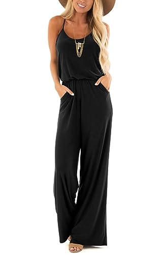 Womens Casual Loose V Neck Sleeveless Spaghetti Strap Wide Leg Pants Jumpsuit Rompers Black Small