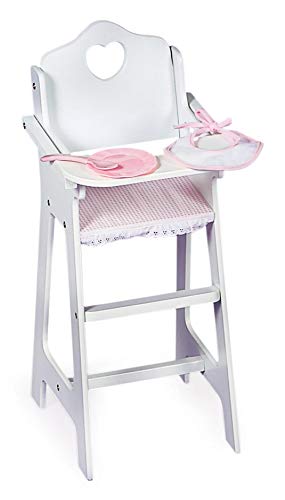 Badger Basket Toy Doll High Chair with Accessories and Personalization Kit for 18 inch Dolls - White/Pink/Gingham