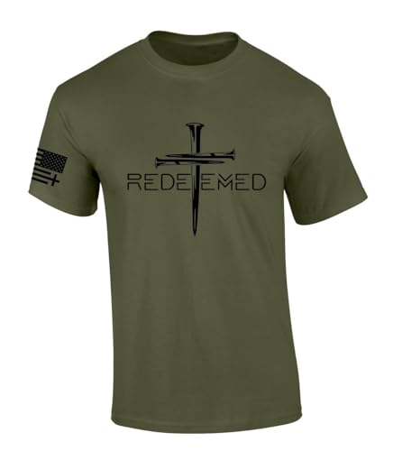 Redeemed Cross Nails Mens Christian American Flag Sleeve T-Shirt Graphic Tee Graphic Tee-Military-Medium