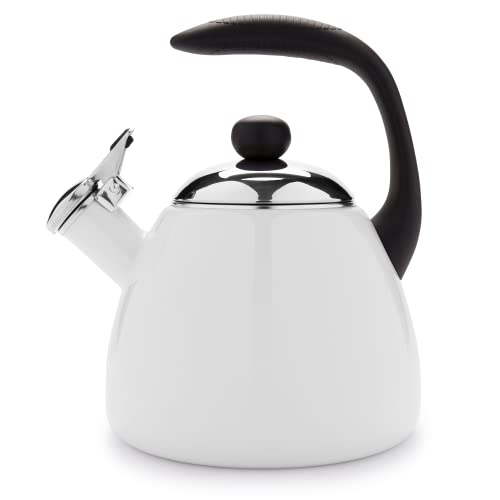 Farberware Bella Water Kettle, Whistling Tea Pot, Works For All Stovetops, Porcelain Enamel on Carbon Steel, BPA-Free, Rust-Proof, Stay Cool Handle, 2.5qt (10 Cups) Capacity (White)