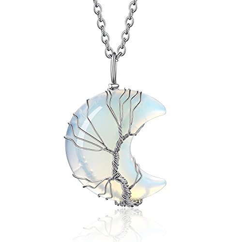 Bestyle Tree of Life Crescent Moon Necklace, Synthetic Moonstone Gemstones Healing Crystal Necklaces, June Birthstone Pendant for Women Grils, Gift for Mother/Grandma/Wife/Daughter/Sister