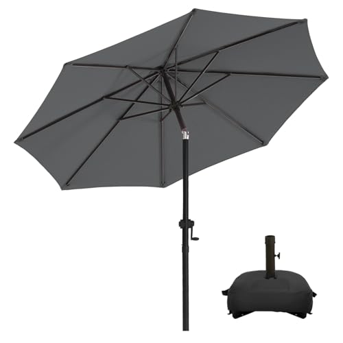 wikiwiki 9FT Patio Umbrellas with Base Included, 8 Sturdy Ribs, Fade Resistant Waterproof POLYESTER DTY Canopy for Garden, Lawn, Deck, Backyard & Pool，Grey