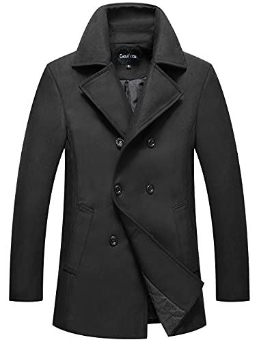 chouyatou Men's Classic Notched Collar Double Breasted Wool Blend Pea Coat (Medium, Black)