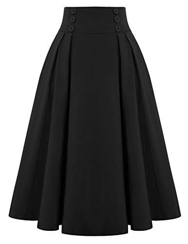 Belle Poque Women's High Waist Flared Skirt Pleated Midi Skirt with Pocket,XX-Large Black