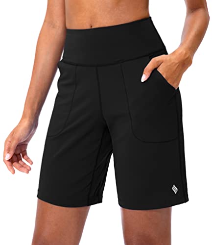 SANTINY Bermuda Shorts for Women with Zipper Pocket Womens High Waisted Long Shorts for Running Workout Athletic(Black_XL)