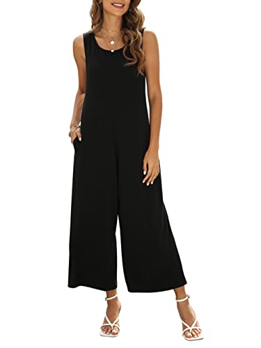 Nfsion Women's Summer Casual Loose Tank Jumpsuit Sleeveless Crewneck Jumpsuit Romper with Pockets Large Black